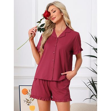 Women's Lounge Set Ruffle Frill Bottoms Button Down Short Sleeve Top with Shorts Sets