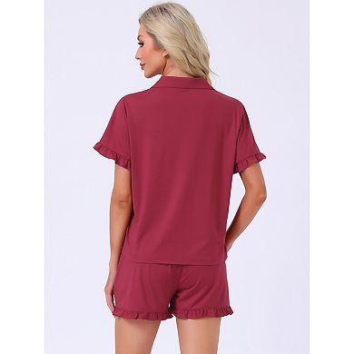 Women's Lounge Set Ruffle Frill Bottoms Button Down Short Sleeve Top with Shorts Sets