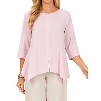 Women's High Low Tops 3/4 Sleeve Crewneck Casual Button Asymmetrical Loose Shirt Summer Tunic Blouse