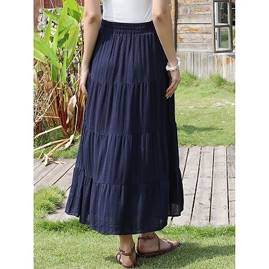Boho Maxi Skirts for Women Flowy Flared Ruffle Summer Casual Tiered Elastic Waist Long Skirts