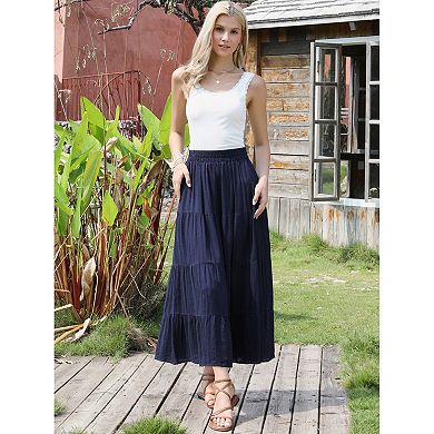 Boho Maxi Skirts for Women Flowy Flared Ruffle Summer Casual Tiered Elastic Waist Long Skirts