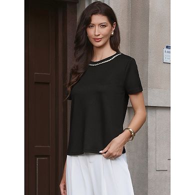 Tweed Neck Tops for Women's Short Sleeve Summer Elegant Blouse