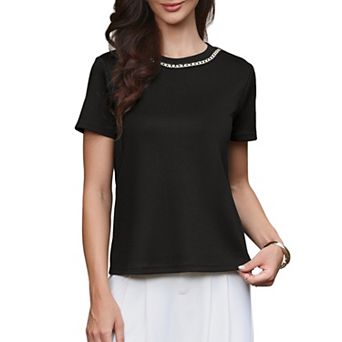 Tweed Neck Tops for Women's Short Sleeve Summer Elegant Blouse