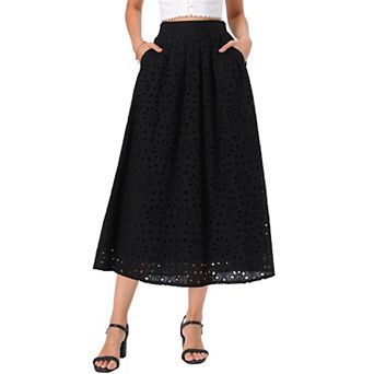 Summer Boho Skirts for Women High Waisted A Line Flowy Eyelet Midi Skirts