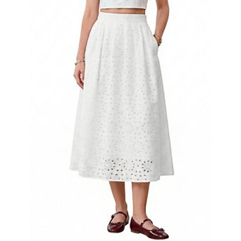 Summer Boho Skirts for Women High Waisted A Line Flowy Eyelet Midi Skirts