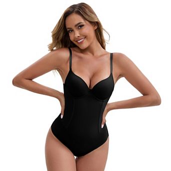 Women's Steel Boning Underwired Padded Plunge Bodysuits Hip Lifter TummyControl Crotch Hooks Closure