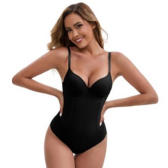 Women's Steel Boning Underwired Padded Plunge Bodysuits Hip Lifter TummyControl Crotch Hooks Closure