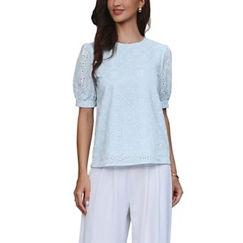 Summer Tops for Women's Puffy Short Sleeve Crew Neck Hollow Out Shirts Loose Tunic Tops