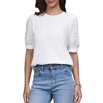 Summer Tops for Women's Puffy Short Sleeve Crew Neck Hollow Out Shirts Loose Tunic Tops
