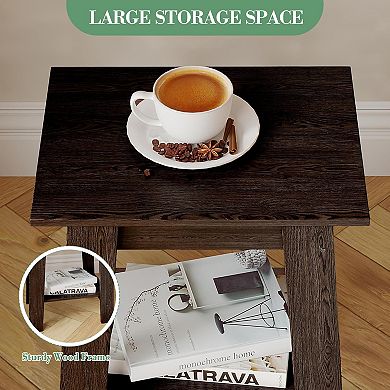 Farmhouse 2-Tier End Table/Nightstand with Storage Shelf, Wood Side Table for Small Spaces