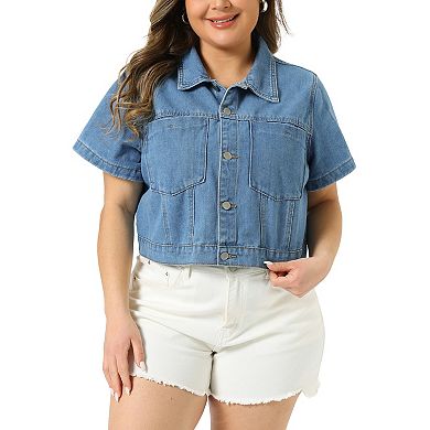 Women's Plus Size Denim Jackets Classic Short Sleeve Button Down Washed Cropped Jean Jacket