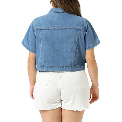 Women's Plus Size Denim Jackets Classic Short Sleeve Button Down Washed Cropped Jean Jacket