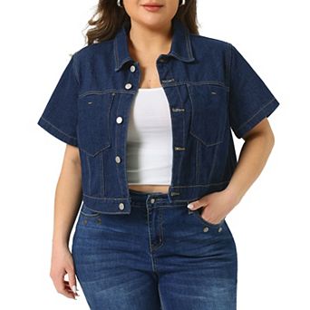 Women's Plus Size Denim Jackets Classic Short Sleeve Button Down Washed Cropped Jean Jacket