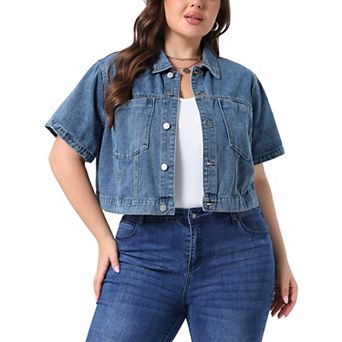 Women's Plus Size Denim Jackets Classic Short Sleeve Button Down Washed Cropped Jean Jacket