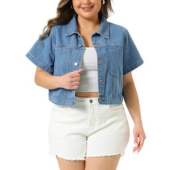 Women's Plus Size Denim Jackets Classic Short Sleeve Button Down Washed Cropped Jean Jacket