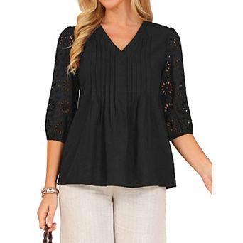 Women's Eyelet Blouses 3/4 Sleeve Pleated V Neck Embroidery Lace Flowy Casual Shirts