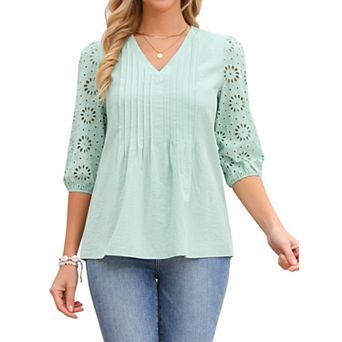 Women's Eyelet Blouses 3/4 Sleeve Pleated V Neck Embroidery Lace Flowy Casual Shirts