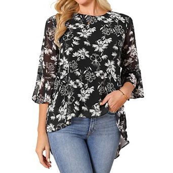 Women's Floral High Low Tops Scoop Neck Chiffon Blouse Asymmetrical Shirt 3/4 Bell Sleeve Tops