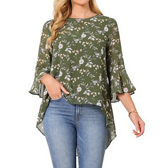 Women's Floral High Low Tops Scoop Neck Chiffon Blouse Asymmetrical Shirt 3/4 Bell Sleeve Tops