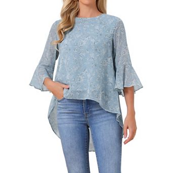 Women's Floral High Low Tops Scoop Neck Chiffon Blouse Asymmetrical Shirt 3/4 Bell Sleeve Tops