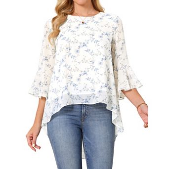Women's Floral High Low Tops Scoop Neck Chiffon Blouse Asymmetrical Shirt 3/4 Bell Sleeve Tops