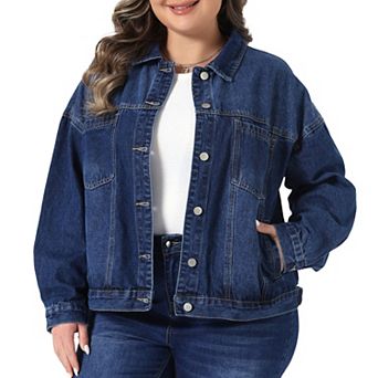 Women's Plus Size Denim Jacket Collar Long Sleeve Button Washed Vintage Western Outfit Jean Jackets