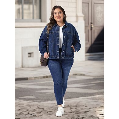 Women's Plus Size Denim Jacket Collar Long Sleeve Button Washed Vintage Western Outfit Jean Jackets