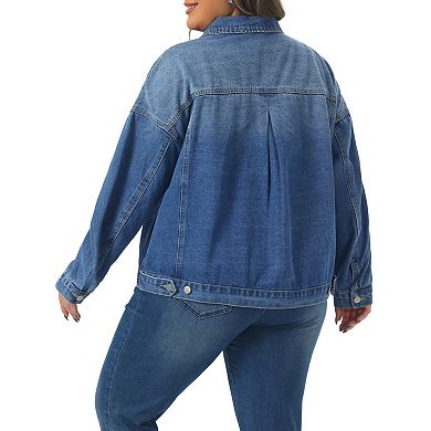 Women's Plus Size Denim Jacket Collar Long Sleeve Button Washed Vintage Western Outfit Jean Jackets