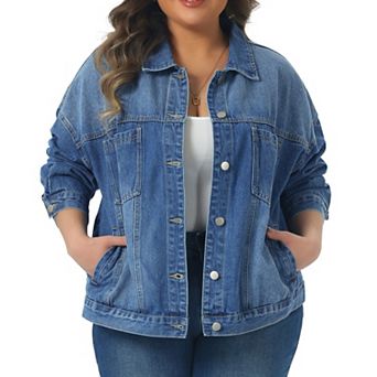 Women's Plus Size Denim Jacket Collar Long Sleeve Button Washed Vintage Western Outfit Jean Jackets
