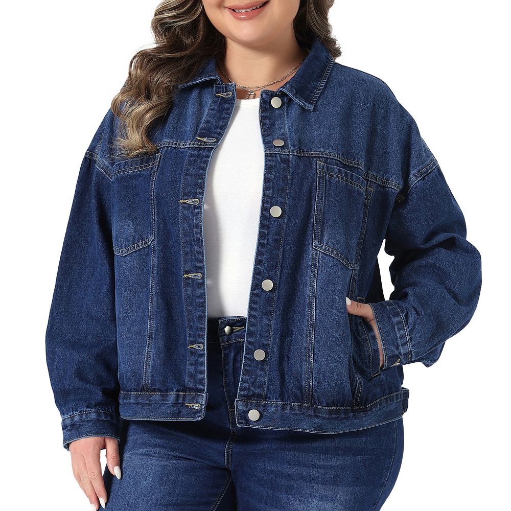 Women's Plus Size Denim Jacket Collar Long Sleeve Button Washed Vintage ...