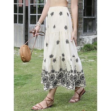 Boho Maxi Skirt for Women Ruffle Hem A Line Elastic High Waist Elegant Flowy Flared Long Skirts
