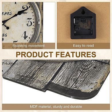 Vintage Rectangle Painting Wall Clock, 10" Wooden Finish Clock, Battery Operated Easy Install
