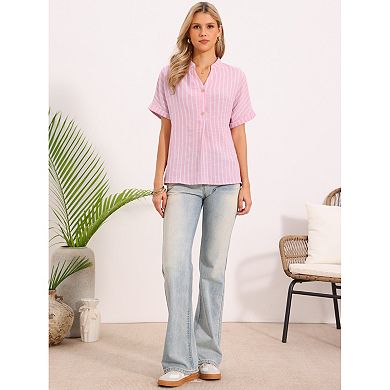 Casual Stripe Blouse for Women's V Neck Button Front Short Sleeve Top