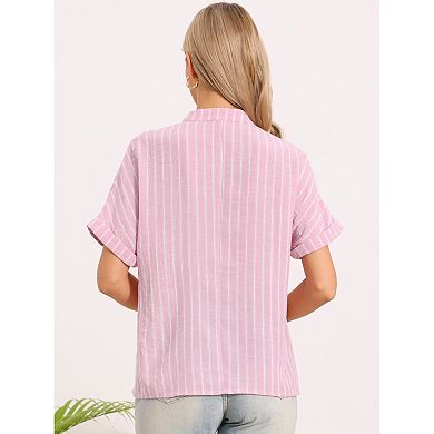 Casual Stripe Blouse for Women's V Neck Button Front Short Sleeve Top