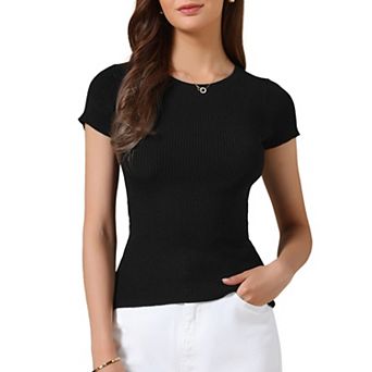 Casual Office Ribbed T-shirt for Women's Slim Fit Short Sleeves Summer Tee Tops