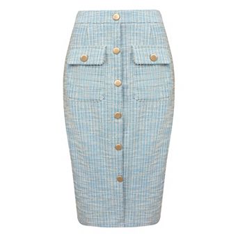 Women's Tweed Skirt High Waist Elegant Work Office Midi Pencil Skirts with Pocket