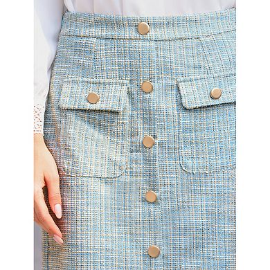 Women's Tweed Skirt High Waist Elegant Work Office Midi Pencil Skirts with Pocket