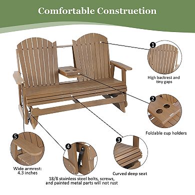 Poly Lumber Patio Glider with Foldable Cup Holders, Durable HIPS Material (Brown, 3-Seat)