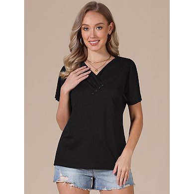 Summer Short Sleeve Tunic Tops for Women Casual V Neck Button Shirts