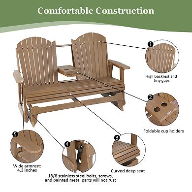 Poly Lumber Patio Glider with Foldable Cup Holders, Durable HIPS Material (Brown, 3-Seat)