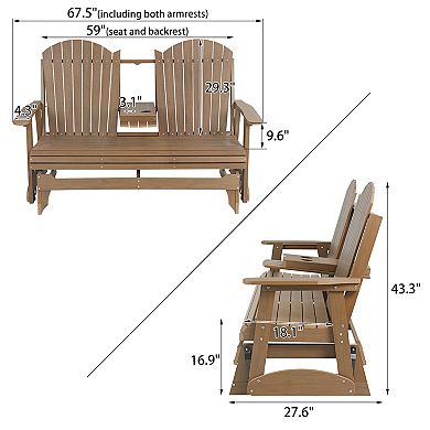 Poly Lumber Patio Glider with Foldable Cup Holders, Durable HIPS Material (Brown, 3-Seat)