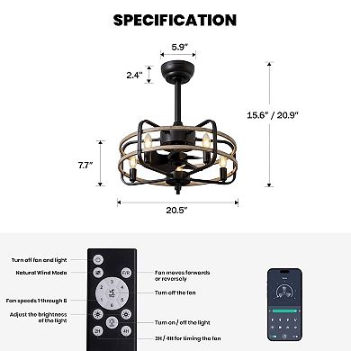 Moooni 20" Indoor Farmhouse Black Caged Ceiling Fan with Remote Fandelier No Bulb for Kitchen