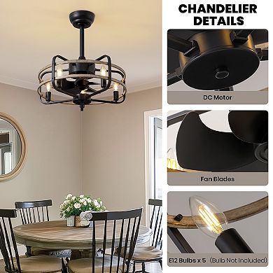 Moooni 20" Indoor Farmhouse Black Caged Ceiling Fan with Remote Fandelier No Bulb for Kitchen