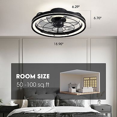 Moooni 19" Black Modern Ceiling Fan with Lights & Remote, Low Profile Dimmable Fandelier for Bedroom