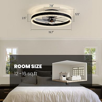Moooni 19.7 in LED Indoor Black Crystal Low-Profile Ceiling Fan Light with Remote Control & Dimmable