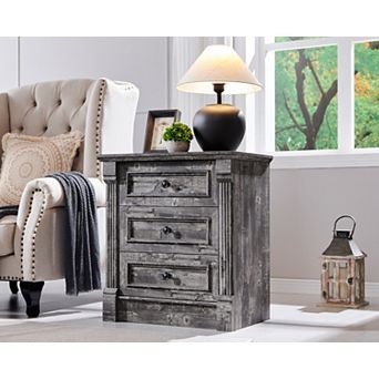 26" Farmhouse Nightstand with Charging Station, Roman Column,3 Drawers Dresser for Bedroom