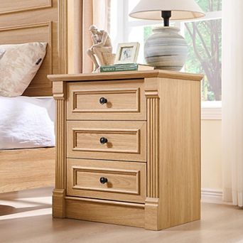 26" Farmhouse Nightstand with Charging Station, Roman Column,3 Drawers Dresser for Bedroom