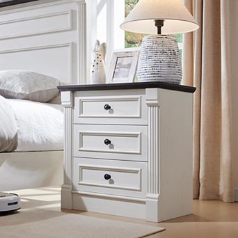 26" Farmhouse Nightstand with Charging Station, Roman Column,3 Drawers Dresser for Bedroom