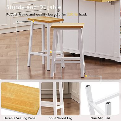 Solid Wood Bar Stools Set of 2, 25.6" Farmhouse Style with Footrests