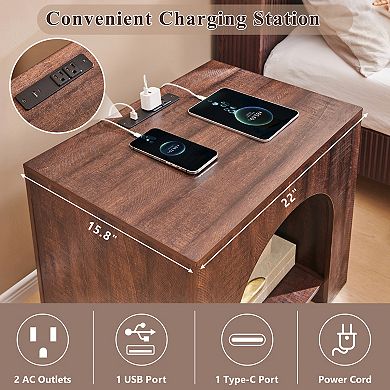 Nightstand with Charging Station Set of 2, 22" Modern End Tables for Living Room